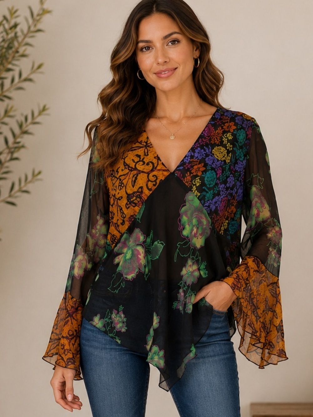 Silk Patchwork Blouse | 100% Silk | Boho Hippie Floral Sheer Bell Sleeve Size L